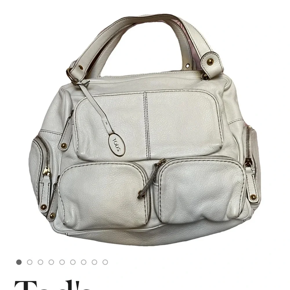 TOD’S Authentic Leather Cream/White Zippered Pockets Designer Satchel Bag